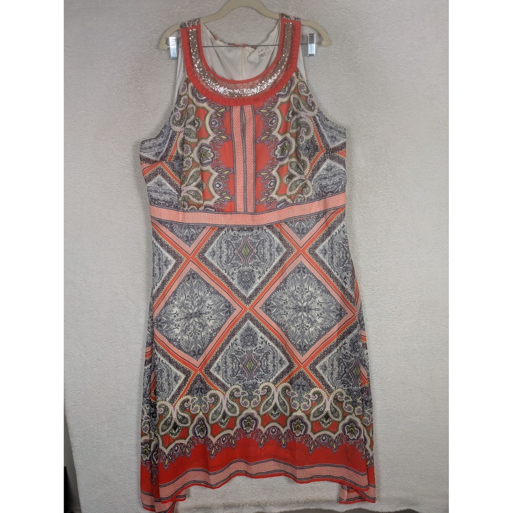Studio One Dress Women's 22W Orange Paisley Embellished Neck Sleeveless Maxi